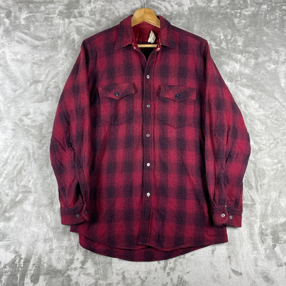 Vintage 50s Penneys Towncraft Shirt Mens 15.5 Black Shadow Plaid Wool Flannel